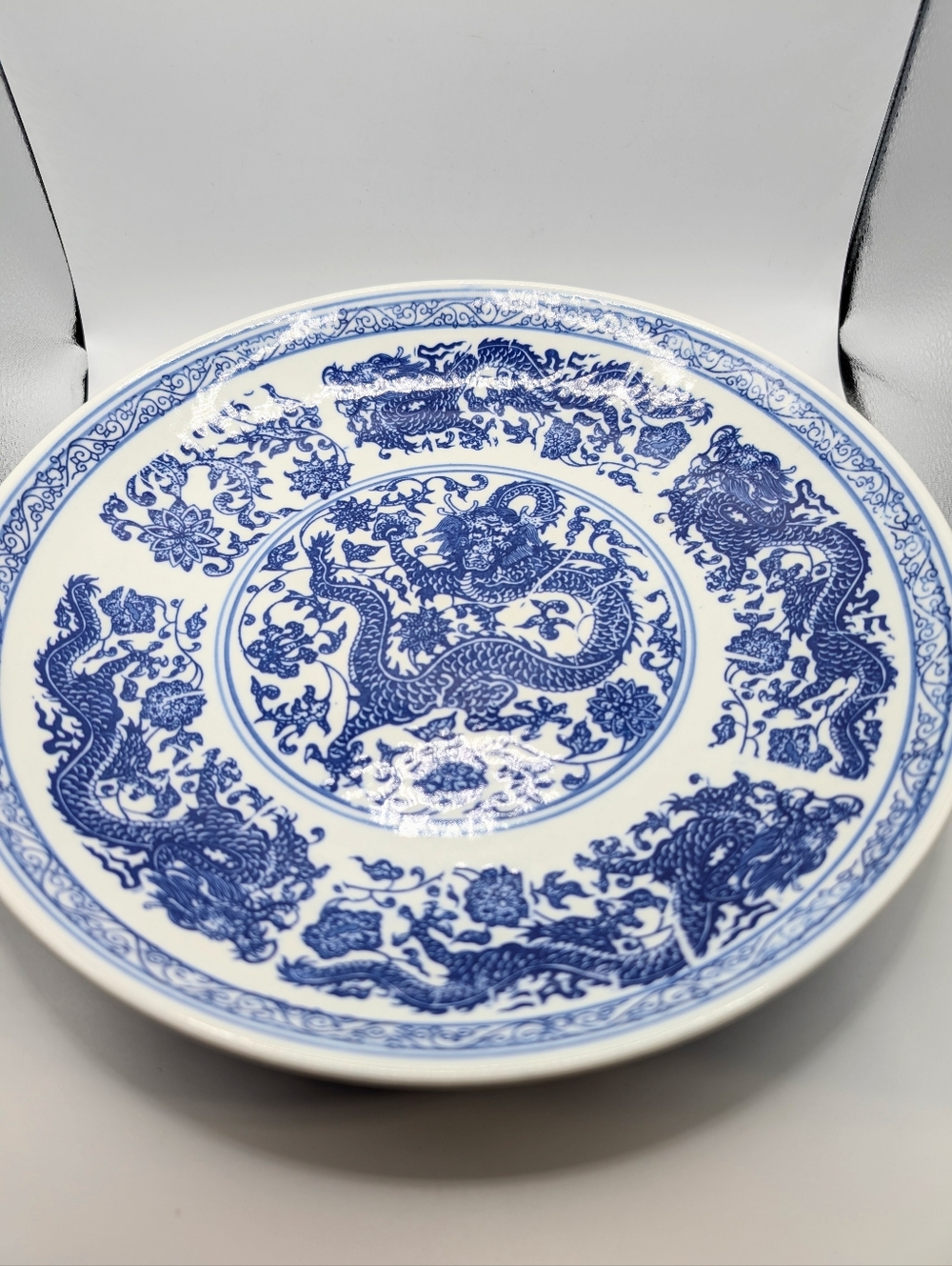 Blue and White Chinese Dragon Transferware Ceramic Dish 10.5" Shallow Bowl EUC